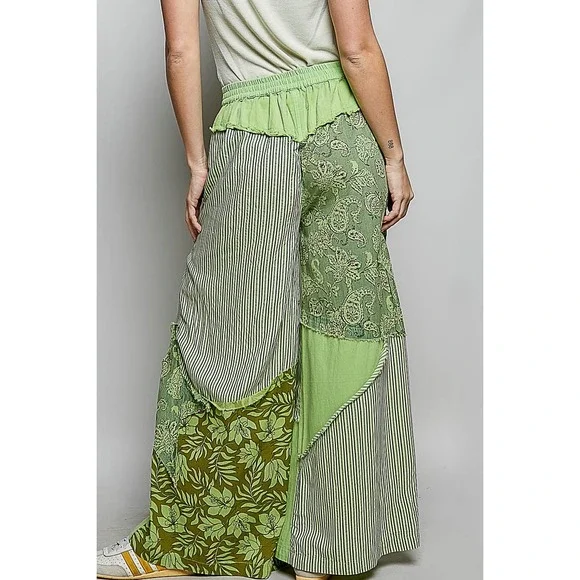 POL Green Patchwork Star Straight Leg Pants Floral Stripe Boho LARGE - Picture 5 of 7